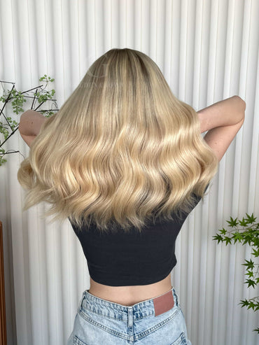 Emma Lace Top Base 100% Human Hair Wigs Model Back View GoldenCrownWigs.com