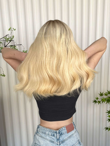 Grace Lace Top Base 100% Human Hair Wigs Model Back View GoldenCrownWigs.com