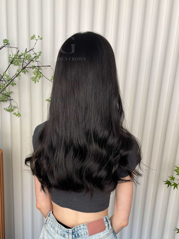 Seraphina Lace Top Base 100% Human Hair Wigs Model Back View GoldenCrownWigs.com