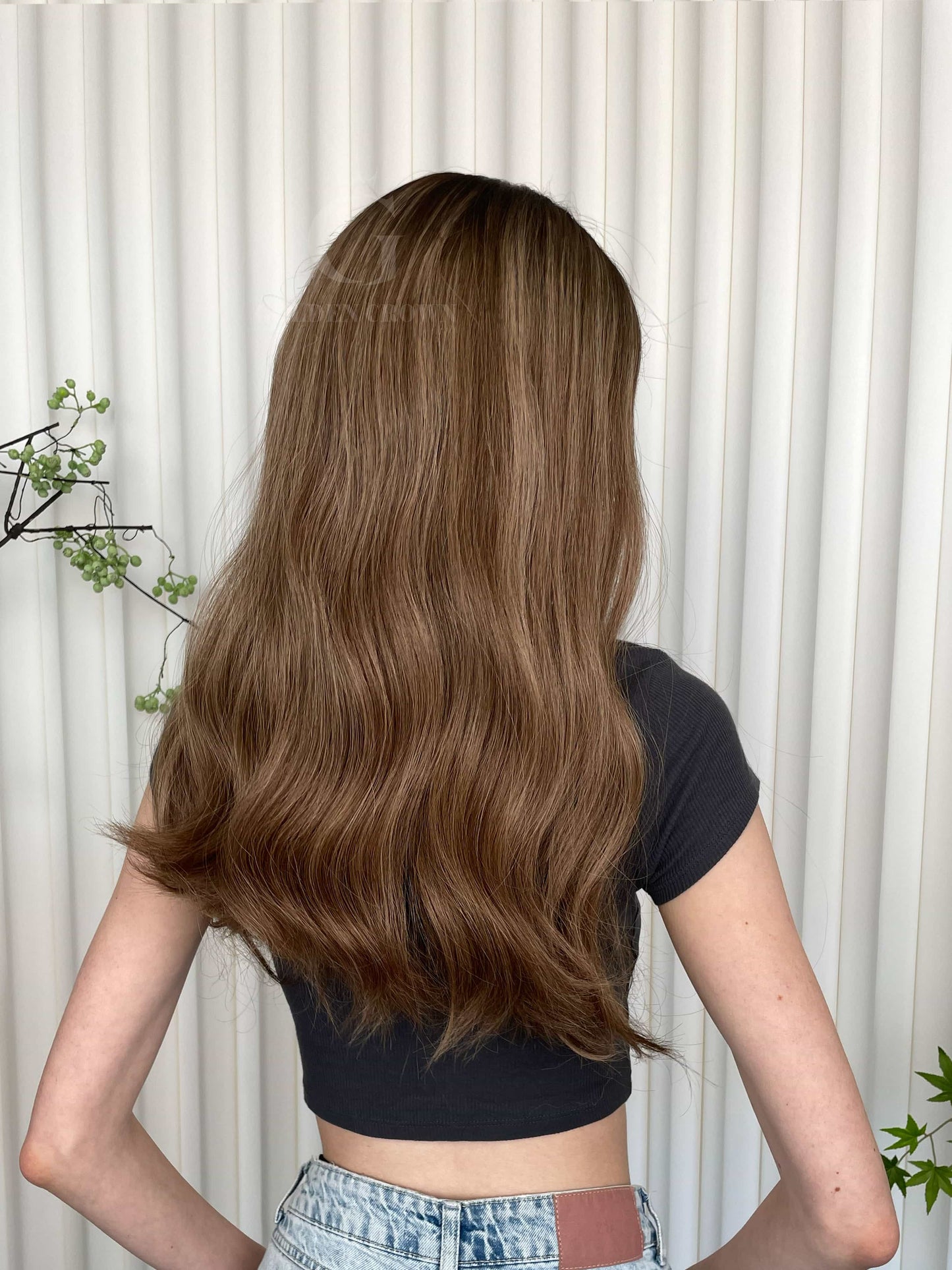 Teddy Lace Top Base 100 Human Hair Wigs Model Back View GoldenCrownWigs.com
