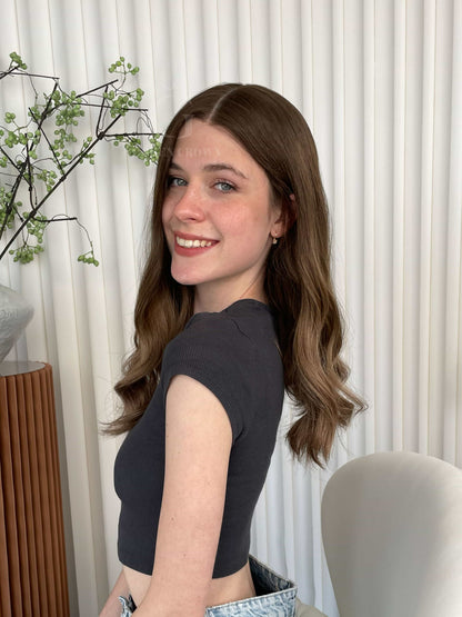 Valentina Lace Top Base 100 Human Hair Wigs Model Right Side View GoldenCrownWigs.com